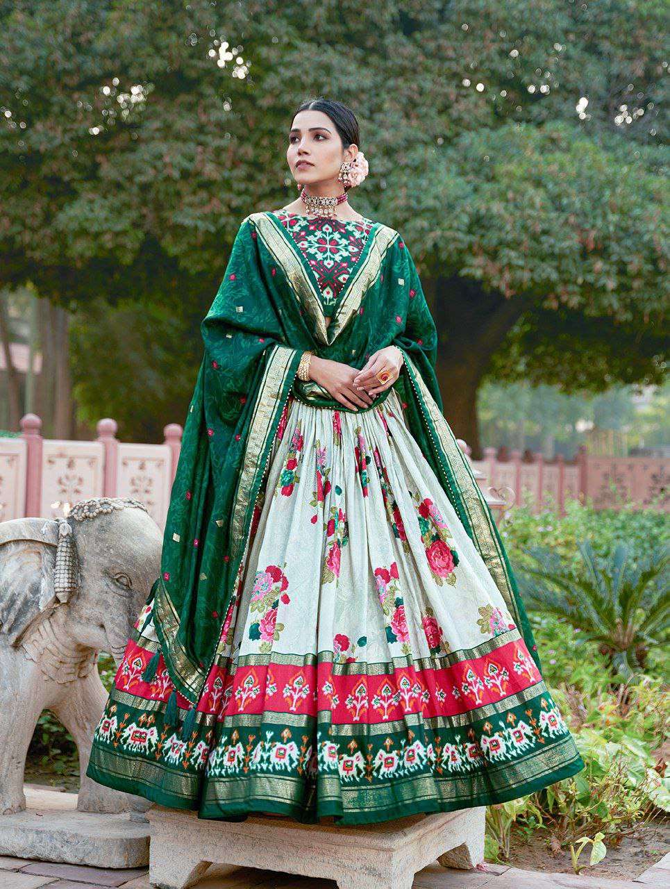 Women's Patola Print Tussar Silk Lehenga Choli Dupatta Set - Image 6