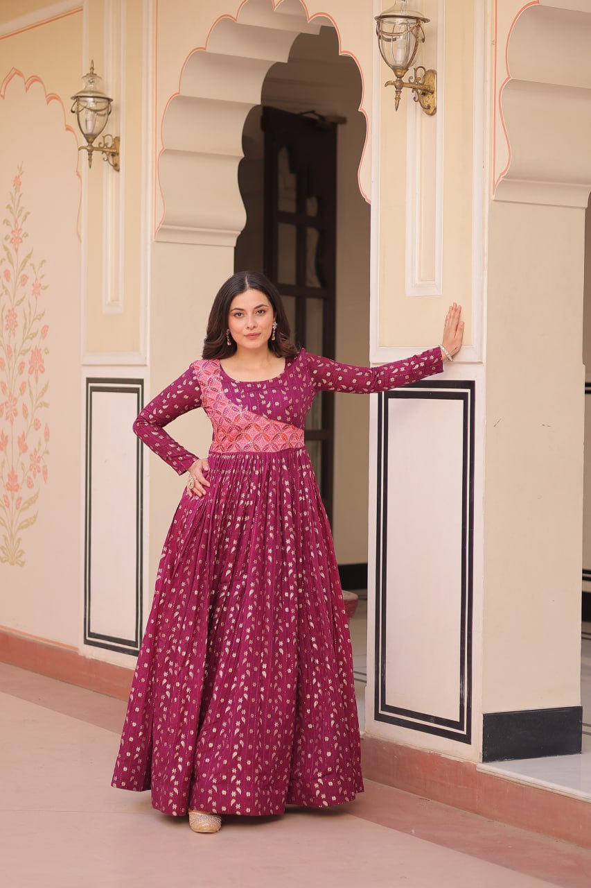 Women's Festive Berry Purple Printed Anarkali Gown with Intricate Zari Work & Embellished Yoke โ Perfect for Traditional & Celebration Wear - Image 6