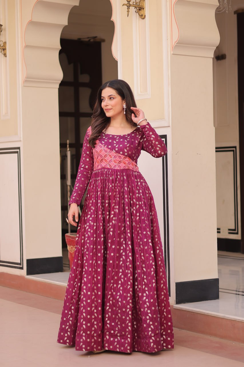 Women's Festive Berry Purple Printed Anarkali Gown with Intricate Zari Work & Embellished Yoke โ Perfect for Traditional & Celebration Wear - Image 5