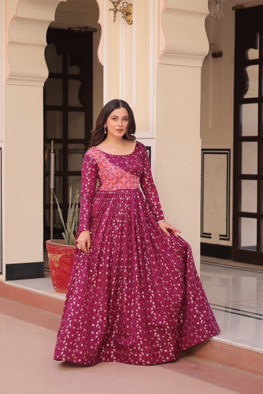Women's Festive Berry Purple Printed Anarkali Gown with Intricate Zari Work & Embellished Yoke โ Perfect for Traditional & Celebration Wear - Image 3