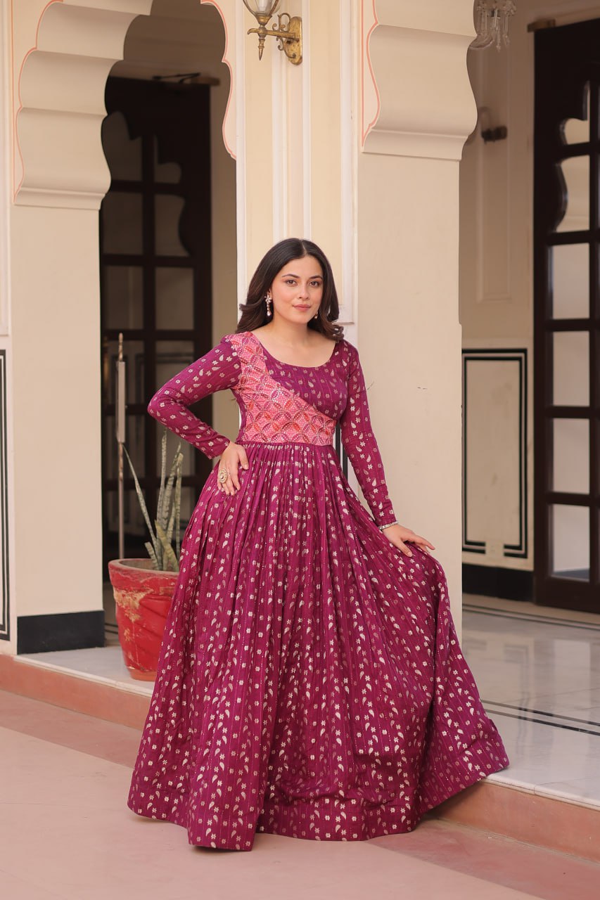 Women's Festive Berry Purple Printed Anarkali Gown with Intricate Zari Work & Embellished Yoke โ Perfect for Traditional & Celebration Wear - Image 2